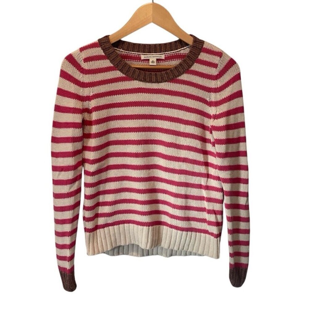 Banana Republic Womens Sweater Medium Pink Cream Stripe Cotton Chunky Knit